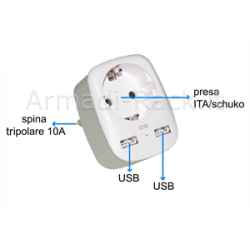 Adattatore multipresa da muro spina italiana 10a con 2 porte usb e una presa 2 poli